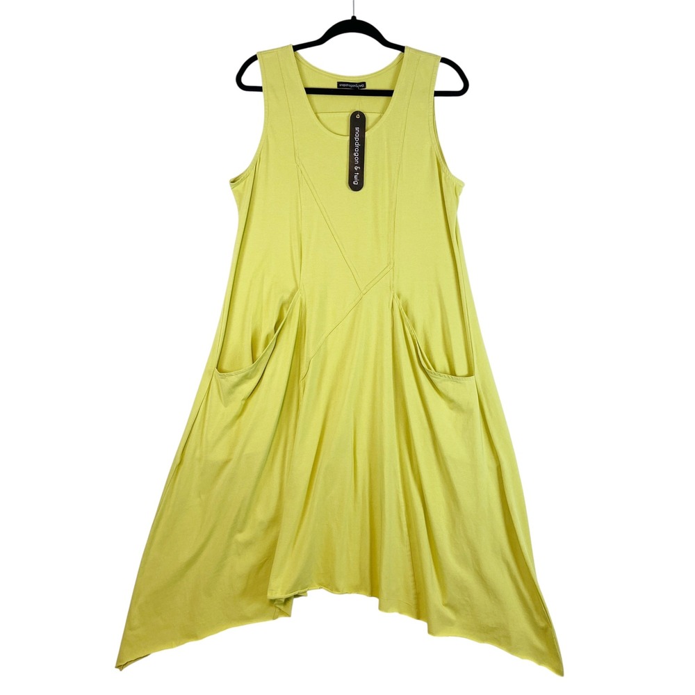 Snapdragon & Twig Emmy Dress MEDIUM Lime Green Lagenlook Asymmetric Pocketed‎